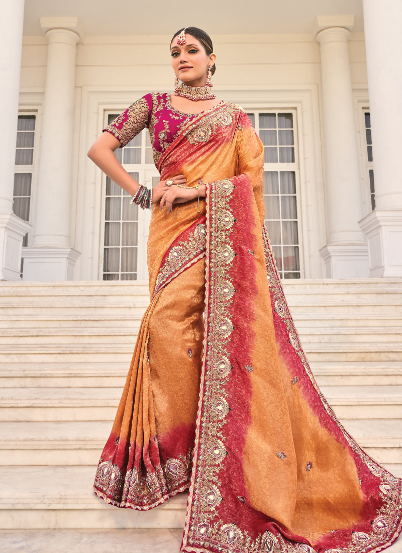 Mustard Gold and Deep Maroon Pure Silk Embroidered Saree with Matching Blouse-Jari, Cut-Dana, Moti Work
