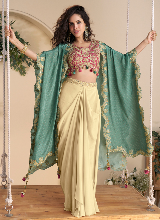 Pink Beige Sharara Set with Embroidered Blouse & Printed Shrug