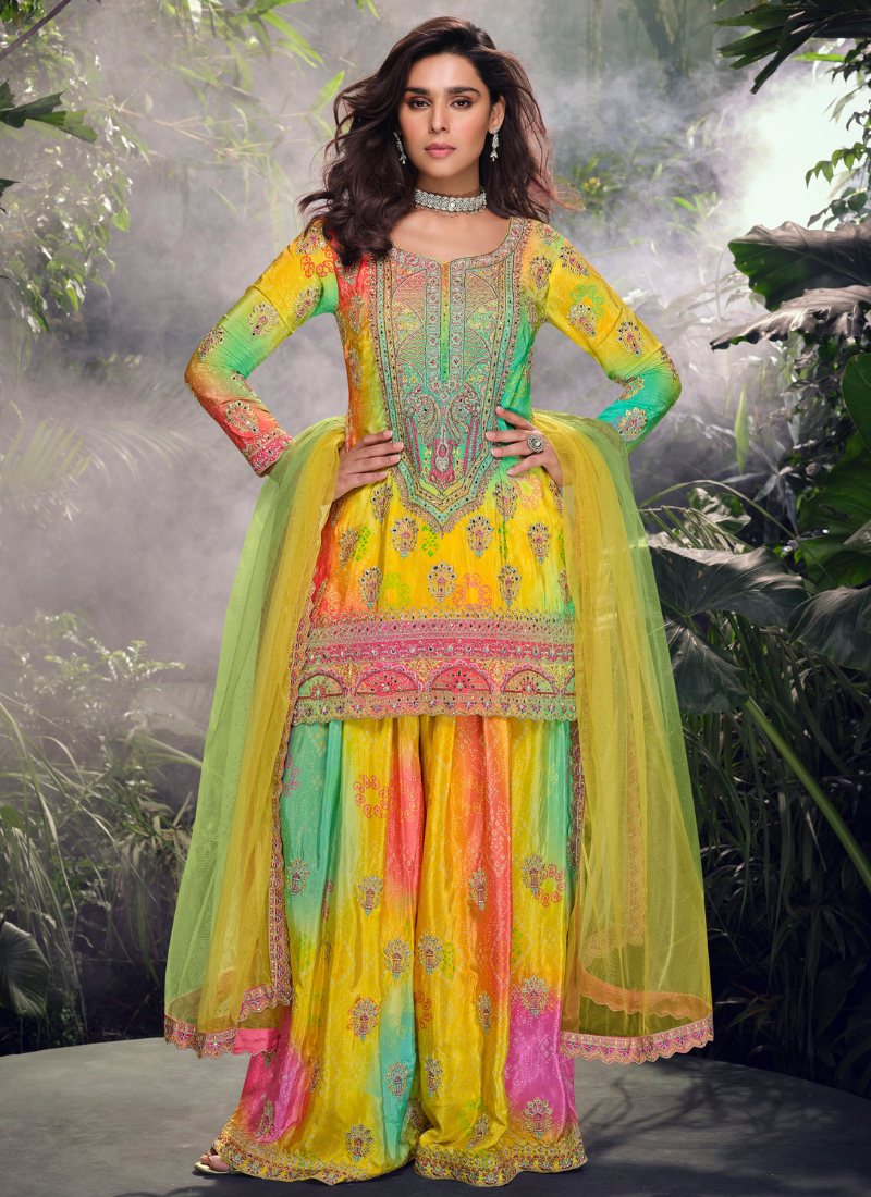Buy Multicolor Chinnon Silk Embroidery Sharara Suit with Dupatta for Pakistani Festivals and Indian Weddings