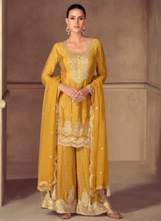 Yellow Chinon Sharara Suit with Dupatta for Indian Wedding and Pakistani Festival