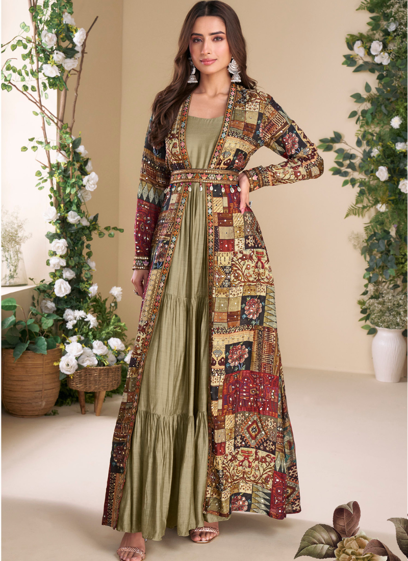 Designer Golden Beige Georgette Anarkali Gown with Multicolor Long Shrug