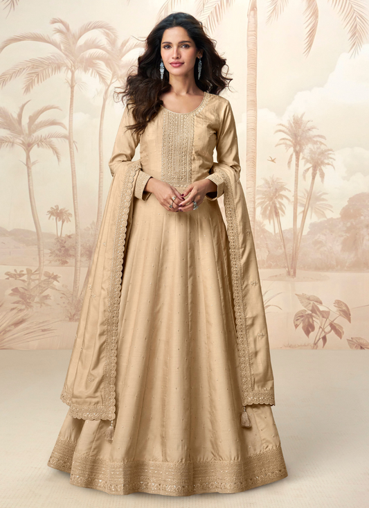 Beige Long Sleeve Silk Anarkali Gown with Dupatta for Indian Wedding Pakistani Festival