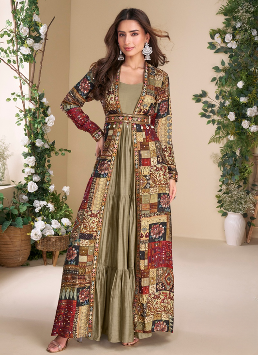 Designer Golden Beige Georgette Anarkali Gown with Multicolor Long Shrug