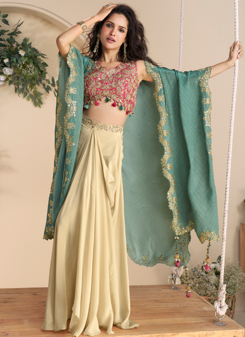 Pink Beige Sharara Set with Embroidered Blouse & Printed Shrug