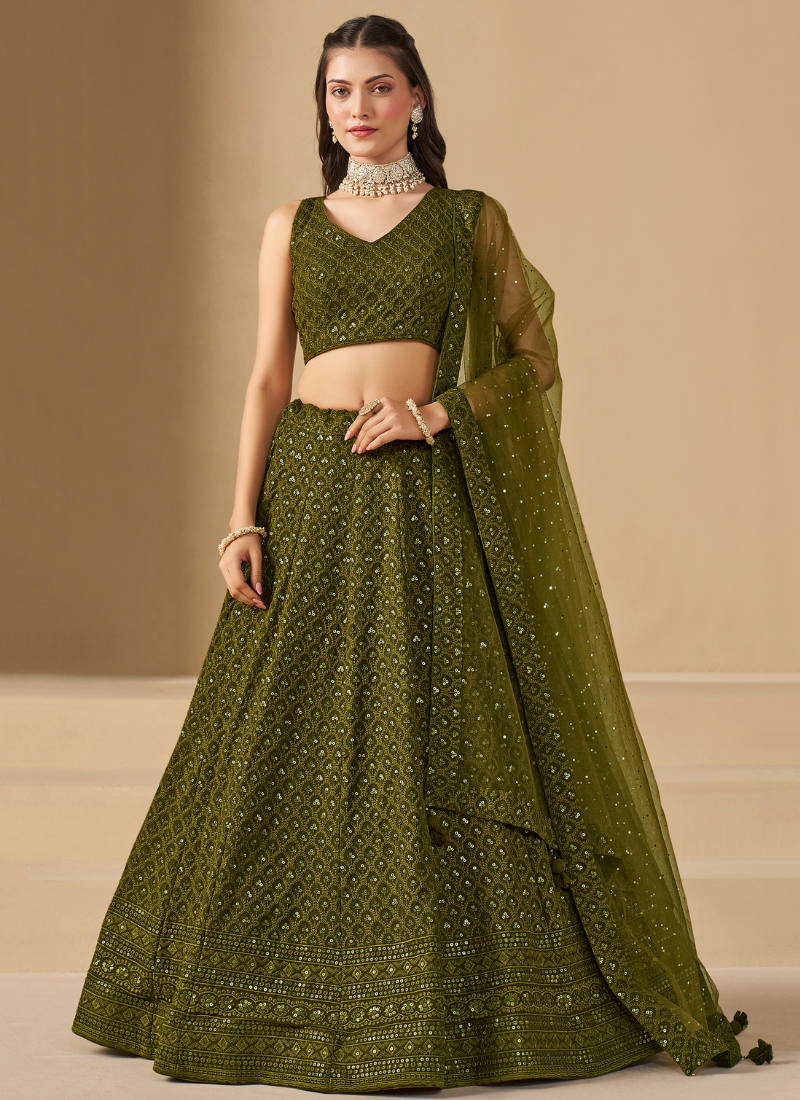 Designer Mehendi Georgette Lehenga Choli with Dupatta for Indian Wedding and Pakistani Festival