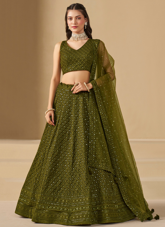 Designer Mehendi Georgette Lehenga Choli with Dupatta for Indian Wedding and Pakistani Festival