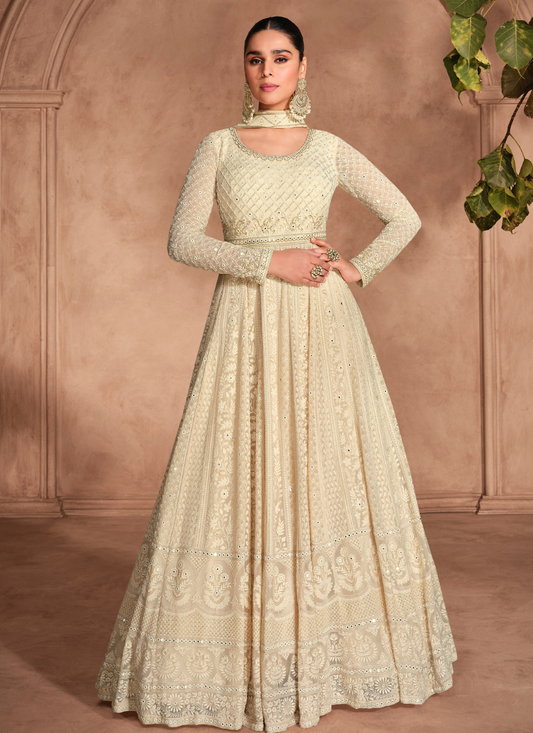 Cream Chikankari Embroidered Anarkali suits with Dupatta – Perfect for Indian Festival and Pakistani Wedding