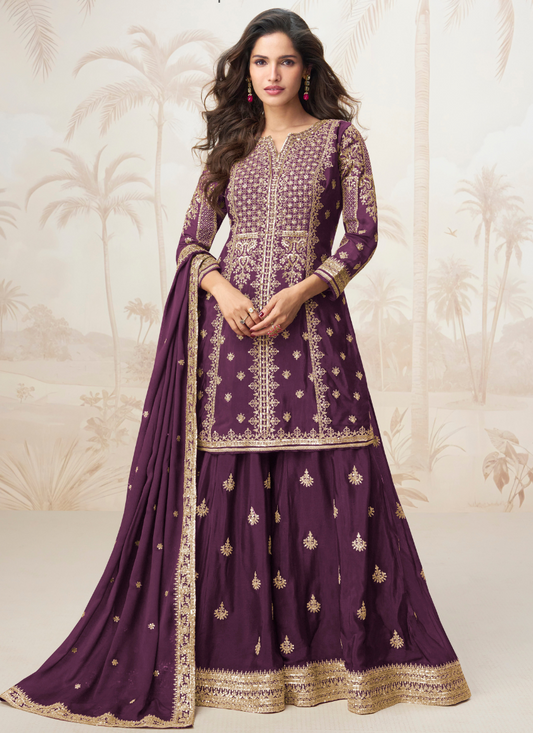 Deep Purple Chinon Silk Sharara Suit with Dupatta – Indian Pakistani Wedding Wear