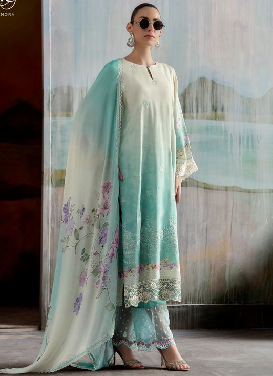 Aqua Green Embroidered Muslin Suit with Floral Dupatta – Diwali & Indian Party Wear for Women
