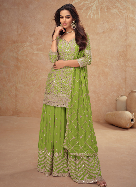 Buy Designer Green Chinnon Sharara Suit with Dupatta for Pakistani Weddings and Indian Festivals – Embroidery Work