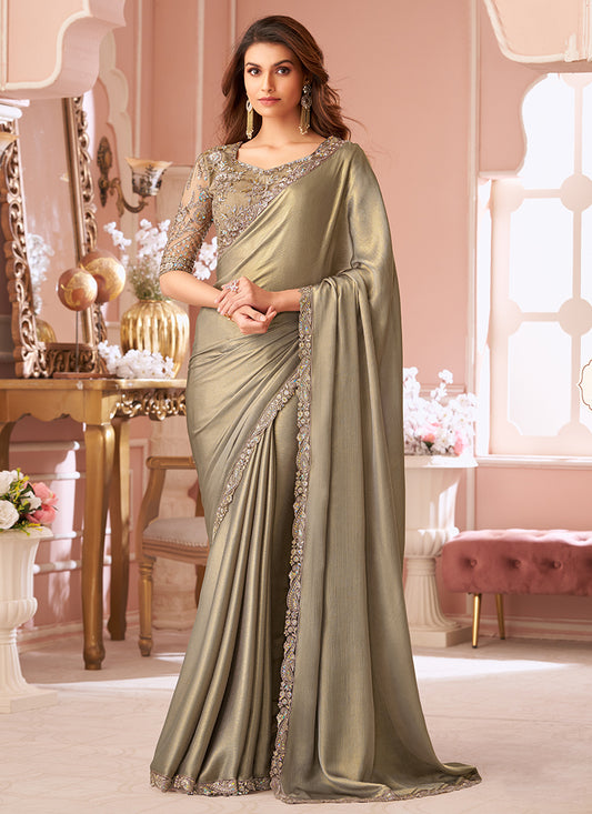 Champagne Gold Georgette Saree With Designer Blouse -Ready to Wear Option for Indian Wedding and Pakistani Festival