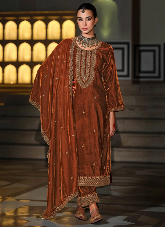 Shop Online Yellow Velvet Embroidery Pakistani Suit with Dupatta