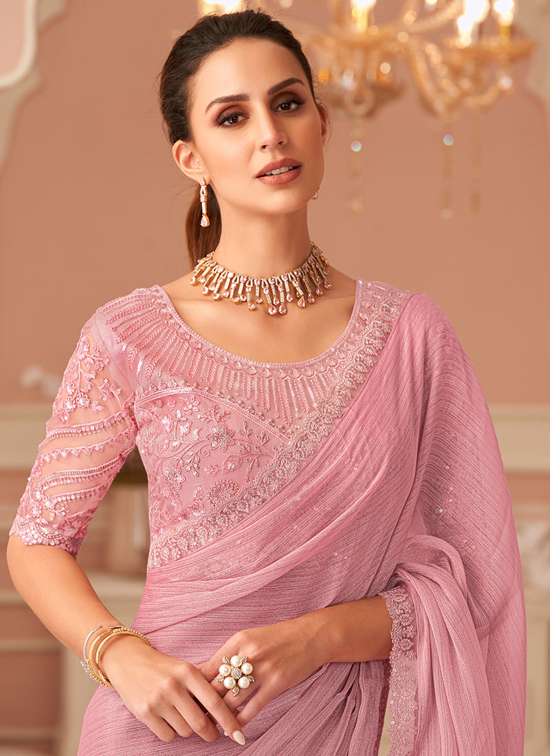 Pink Georgette Saree With Designer Pink Blouse -Ready to Wear Option for Indian Wedding and Pakistani Festival