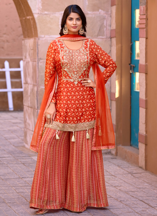 Orange Chinnon Embroidered Sharara Suit with Dupatta for Indian Wedding and Pakistani Festival – Zari and Sequin Detailing