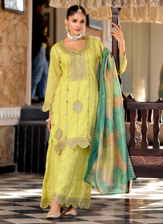 Lime Green Simar Embroidered Sharara Suit with Dupatta for Panjabi Weddings