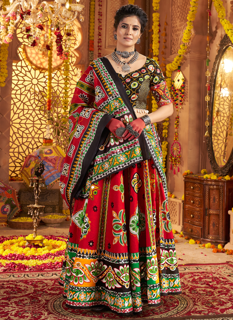 Bold Red Navratri Chaniya Choli with Traditional Kutchi Embroidery – Bindyaa Festive Wear