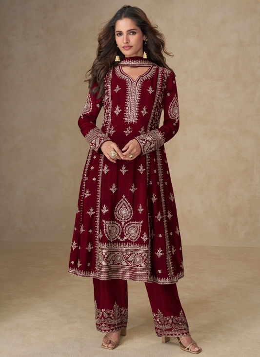 Maroon Chinon Silk Palazzo Suit with Dupatta for Indian and Pakistani Party Wear