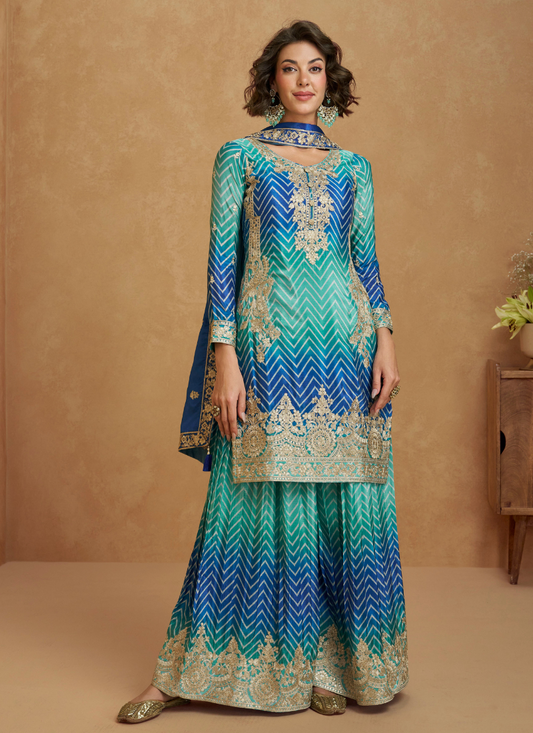 Blue and Turquoise Chinon Silk Long Sleeves Sharara Suit with Dupatta – Indian Pakistani Wedding Festival Wear