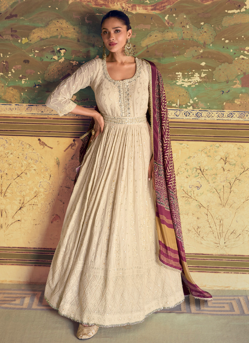 Cream Chikankari Embroidered Gown with Dupatta for Indian Festivals and Pakistani Weddings