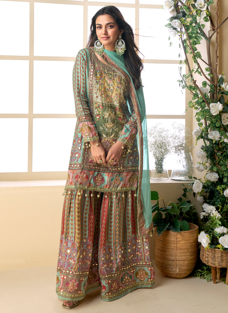 Teal Multicolor Viscose Crepe Silk Embroidered Sharara Suit with Zari & Gota Patti