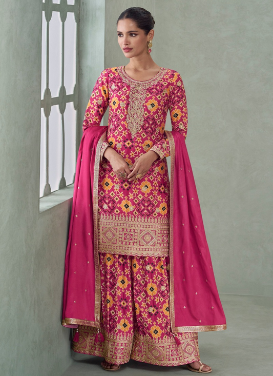 Rani Pink & Yellow Chinon Silk Sharara Suit for Indian Wedding and Pakistani Festival