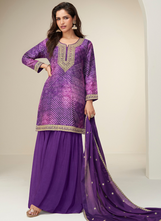 Designer Purple Sharara Suit with Zari Embroidery with Dupatta for Indian Wedding and Pakistani Festival