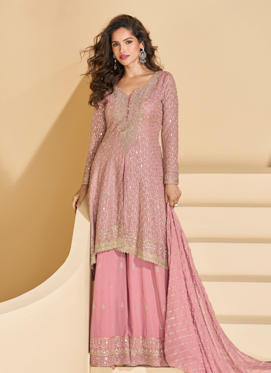 Designer Pink Party Wear Georgette Sharara Suit with Dupatta