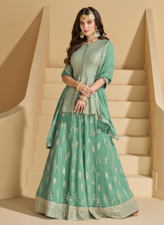 Pastel Green Georgette Sharara Suit with Dupatta for Pakistani Wedding and Indian Festival