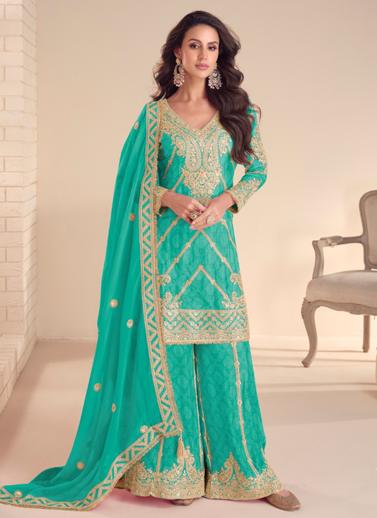 Teal Green Chinon Palazzo Suit With Dupatta for Punjabi Wedding