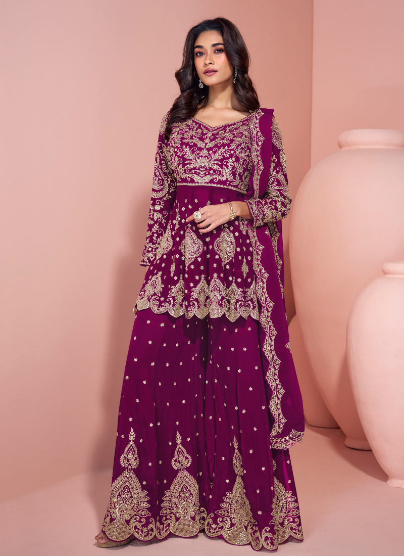 Wine Georgette Long Sleeves Sharara Suit with Dupatta for Indian Festival and Pakistani Wedding