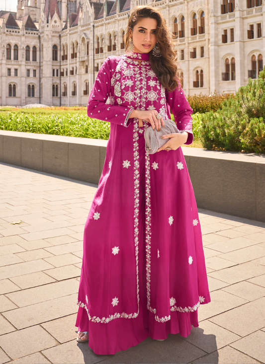 Magenta Organza Silk Slit Kurta With Palazzo Set for Indian Wedding and Pakistani Festival
