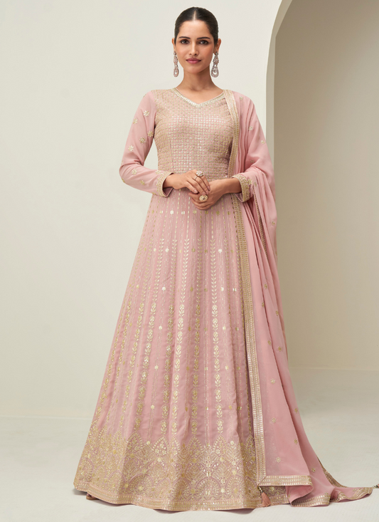 Designer Baby Pink Georgette Anarkali Gown with Embroidery