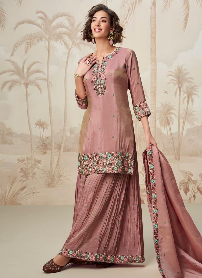 Dusty Pink Organza Sharara Suit with Dupatta for Indian Pakistani Wedding and Festival