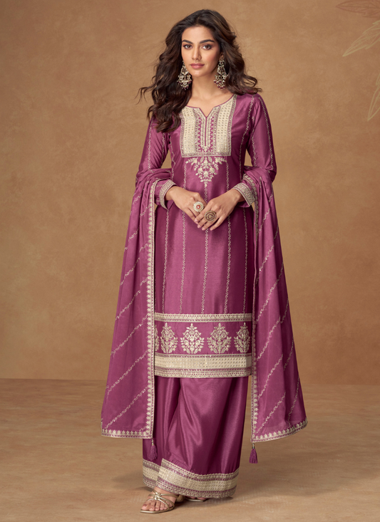 Party Wear Mauve Purple Chinon Embroidered Plazzo Suit