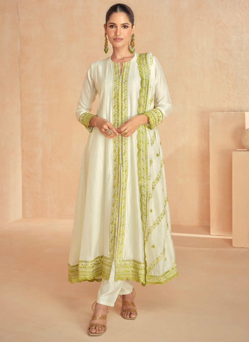 Off White Silk Anarkali Suit with Green Embroidery and Dupatta