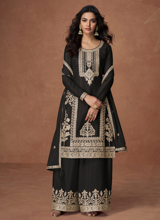BLACK CHINON SILK SALWAR KAMEEZ WITH DUPATTA FOR INDIAN AND PAKISTANI FESTIVAL