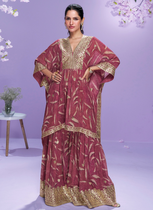 Designer Deep Maroon Georgette Kaftan Sharara Suit For Indian Wedding and Pakistani Festival