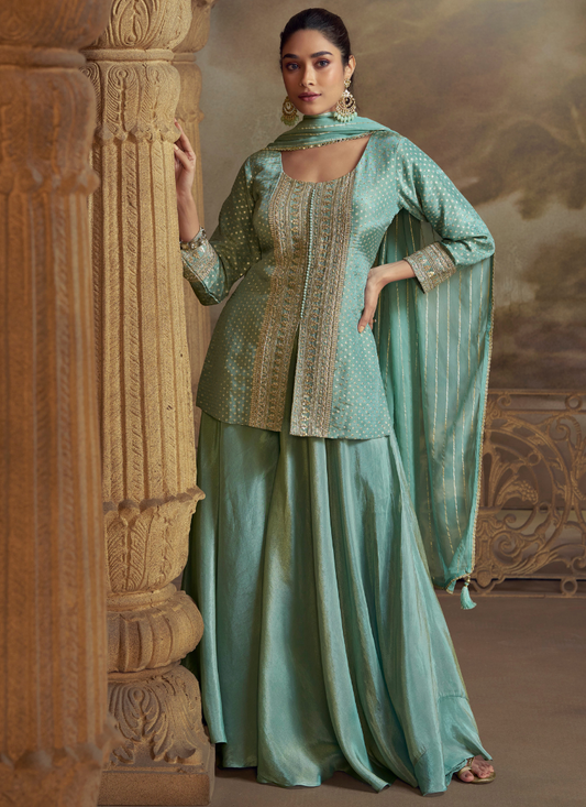 Sea Green Viscose Sharara Suit with Dupatta for Indian Wedding and Pakistani Festival