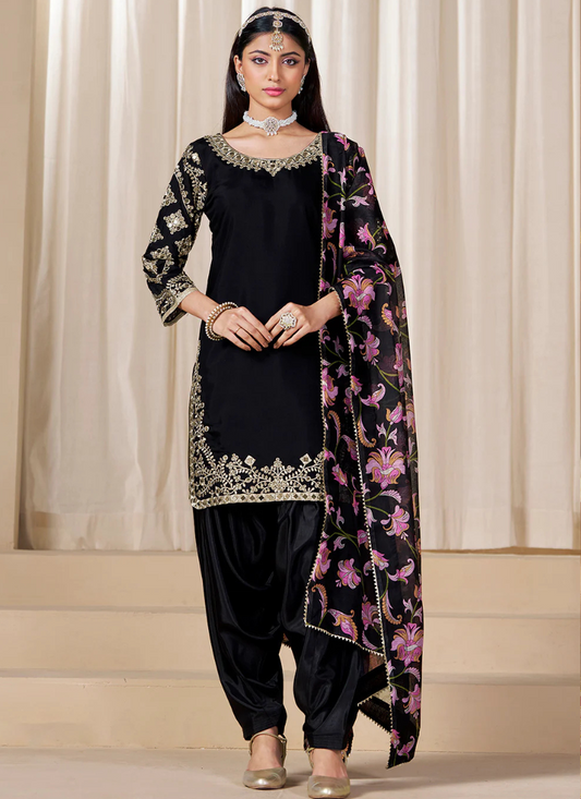 Black Roman Silk Punjabi Salwar Suit with Embroidery & Chanderi Dupatta – Indian Pakistani Wedding & Festival Wear for Women and Girls