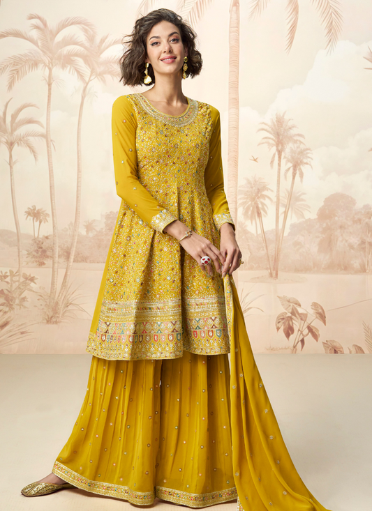 Yellow Chiffon Sharara Suit with Dupatta for Indian Pakistani Wedding and Festival –Long Sleeve, Multi Embroidery Work
