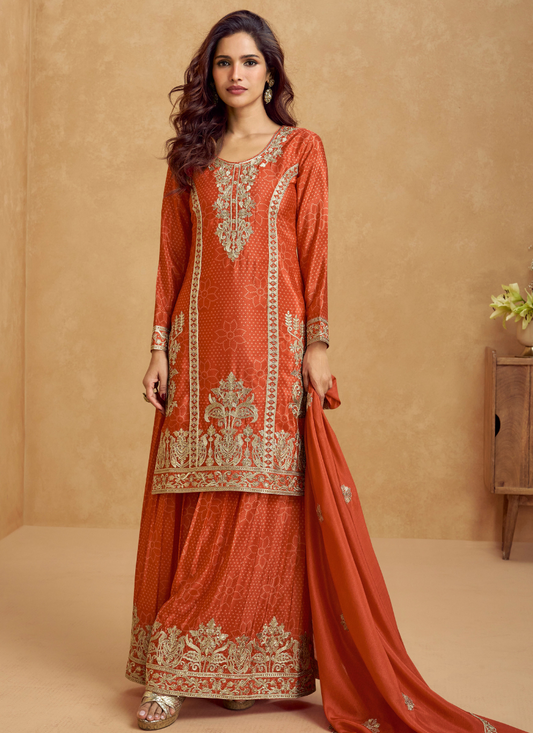 Party Wear Orange Chinnon Silk Long Sleeves Embroidered Sharara Suit With Dupatta