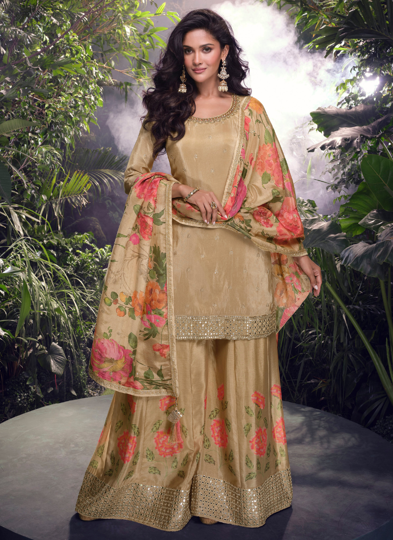 Buy Online Golden Chinnon Silk Sharara Suit with Floral Dupatta