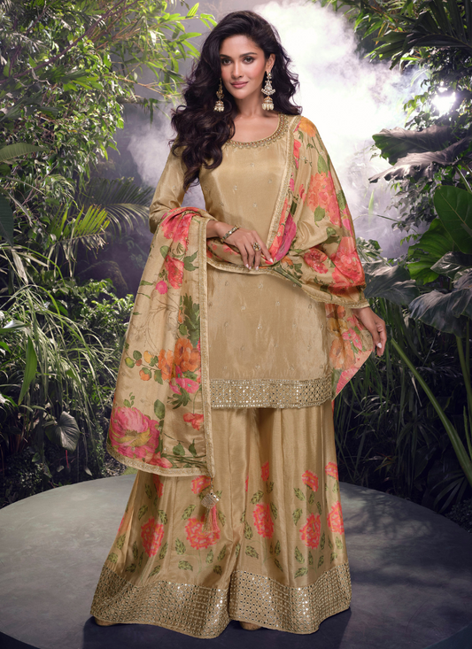 Buy Online Golden Chinnon Silk Sharara Suit with Floral Dupatta