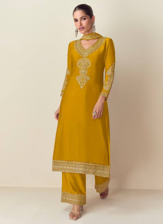 Buy Yellow Chinnon Silk Embroidered Straight Suit with Dupatta