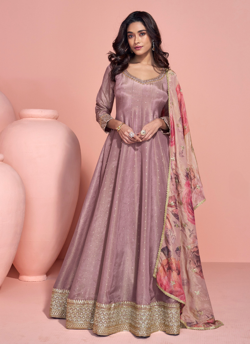 Dusty Rose Viscose Silk Long Sleeves Anarkali Gown with Dupatta for Indian Wedding and Pakistani Festival