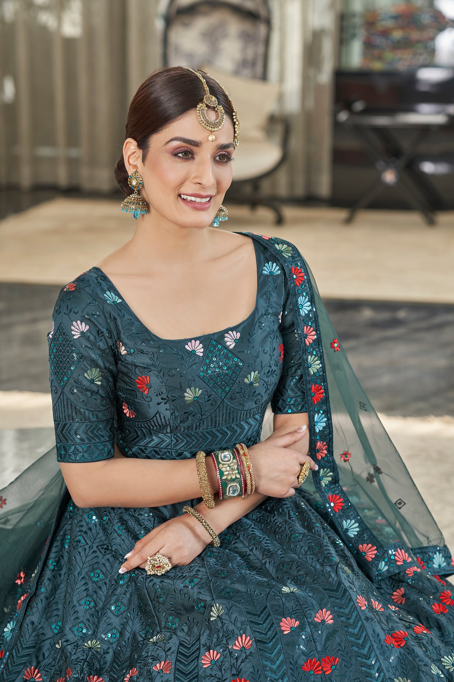 Find occasion-ready Lehenga Choli with dupatta and designer details.