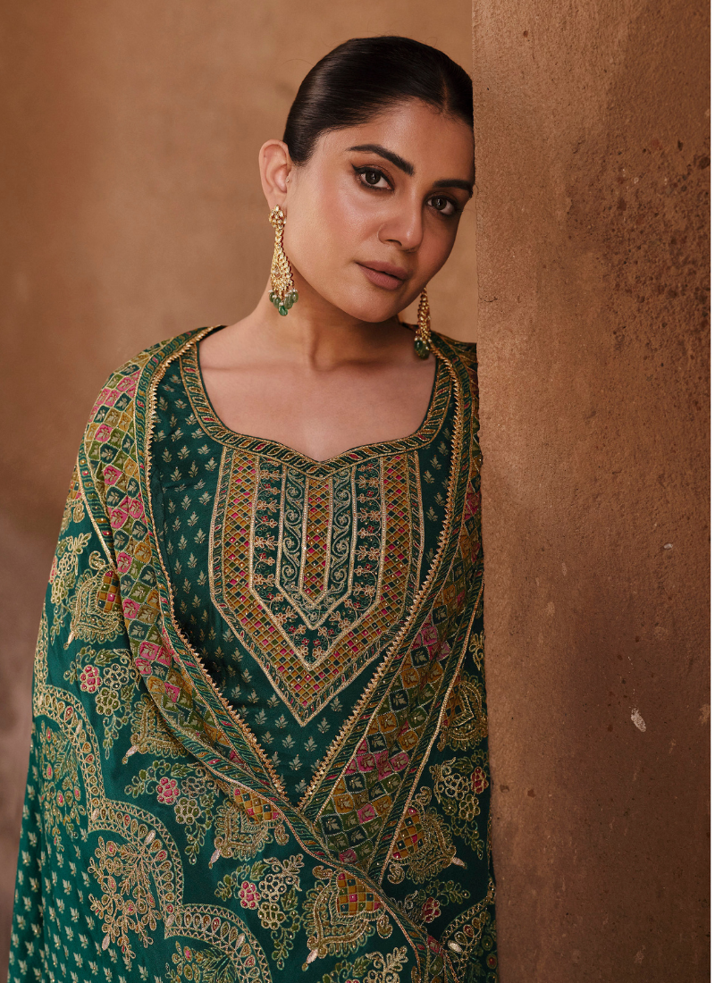 Buy Designer Green Crepe Silk Embroidered Sharara Suit with Dupatta for Pakistani Weddings and Indian Festivals