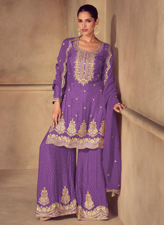 Purple Chinon Sharara Suit with Dupatta for Indian Wedding and Pakistani Festival