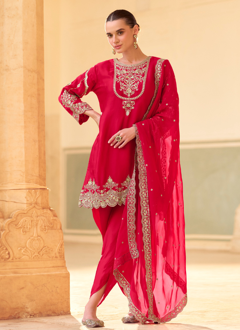 Coral Red Crepe Silk Dhoti Suit XL Coral Red Crepe Silk Dhoti Suit XL