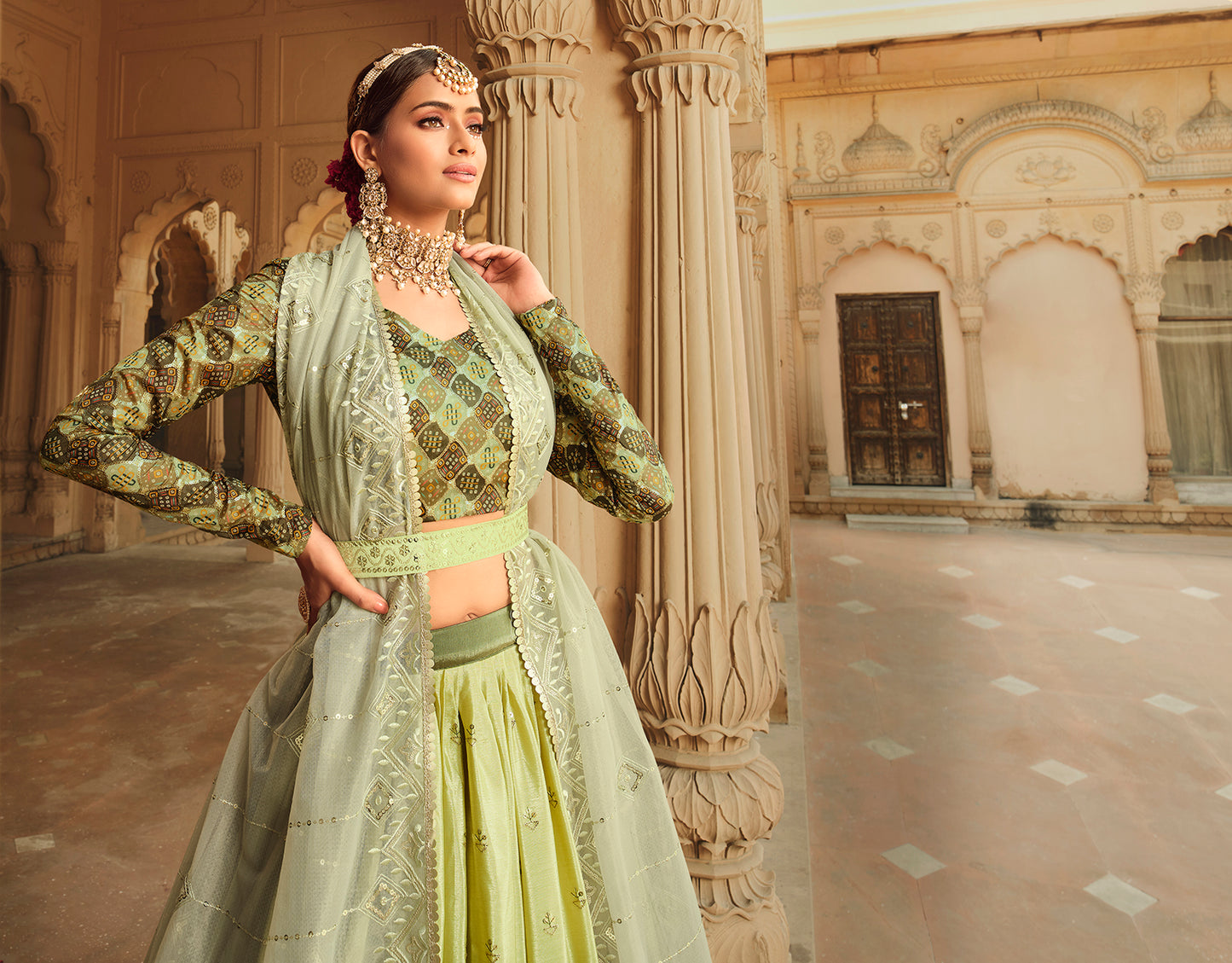 Find occasion-ready Lehenga Choli with dupatta and designer details.